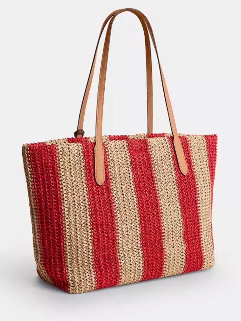 Coach Red and Cream Striped Crochet Tote with Pom-Pom Charm straw city tote new - Picture 12 of 14
